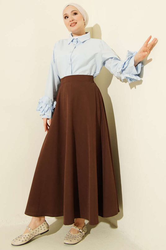 Fermuarlı Tensel Kloş Etek Kahve