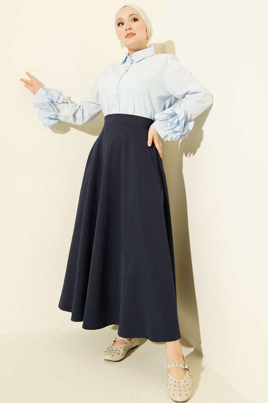 Fermuarlı Tensel Kloş Etek Lacivert
