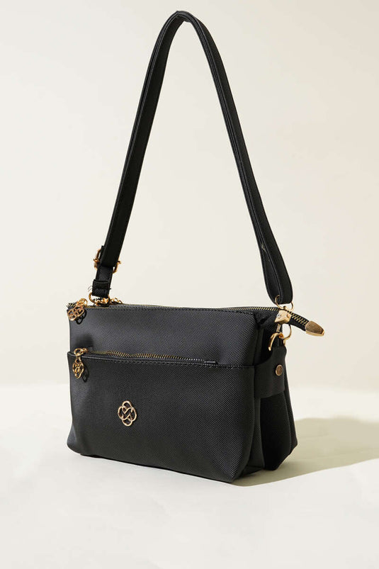 Zippered Three Compartment Bag Black