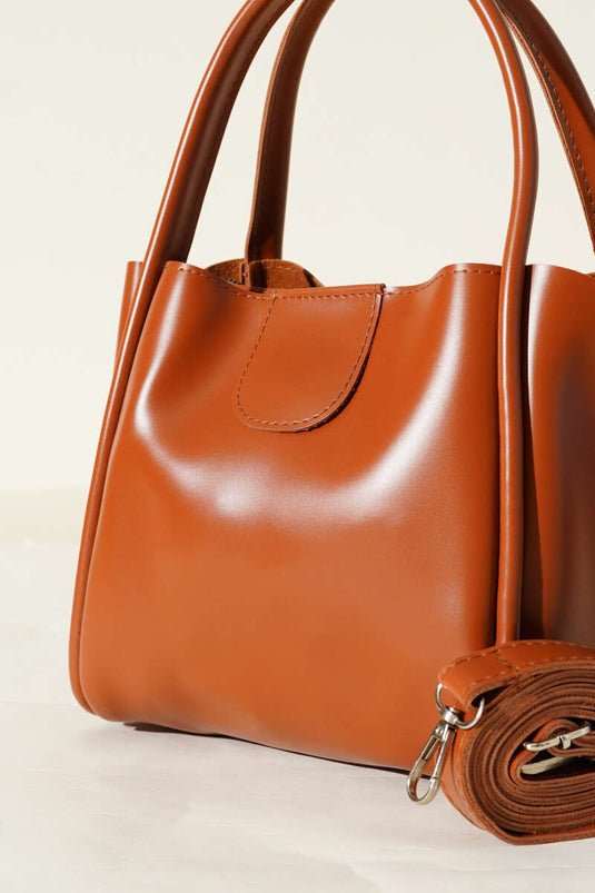 Zippered Three Compartment Handle Bag Tan