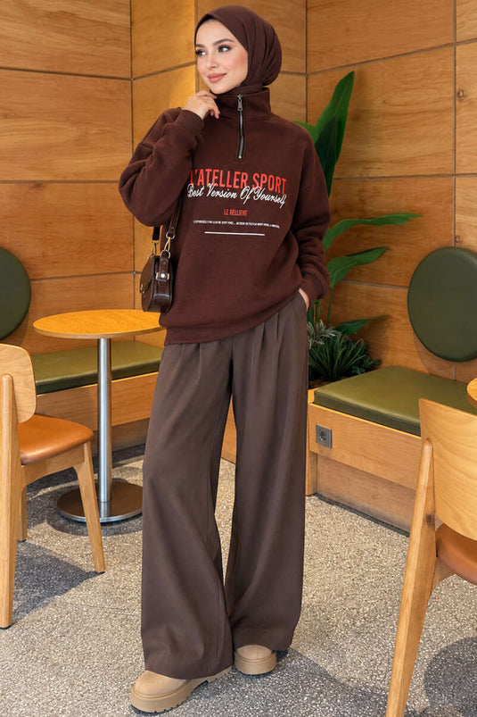 Zippered Three-Ply Printed Sweatshirt In Coffee