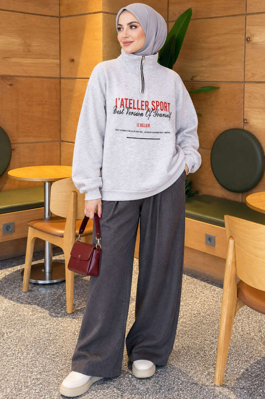 Zippered Three-Ply Patterned Sweatshirt In Melange Grey