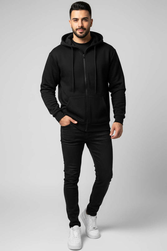 Fermuarlı Üç İplik Erkek Sweatshirt Siyah