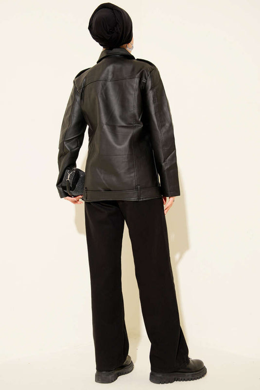 Fermuarlı Uzun Deri Ceket Siyah