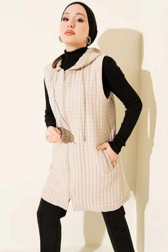 Long Quilted Vest with Zipper, Beige