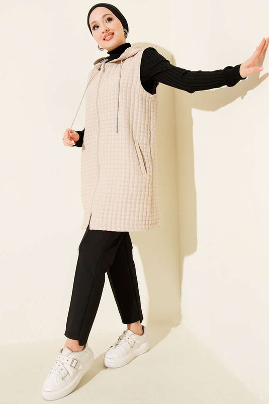 Long Quilted Vest with Zipper, Beige