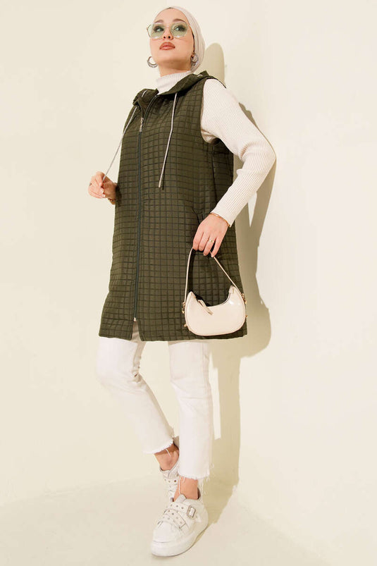 Long Quilted Vest with Zipper, Khaki
