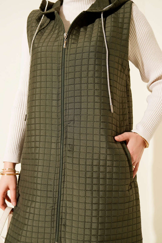 Long Quilted Vest with Zipper, Khaki