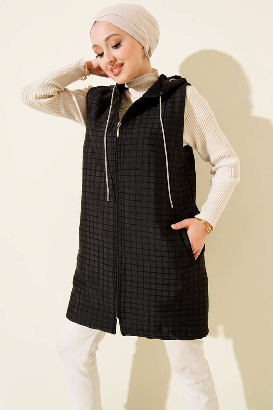 Long Quilted Vest with Zipper, Black