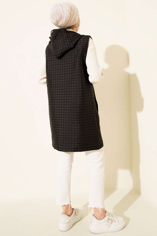 Long Quilted Vest with Zipper, Black