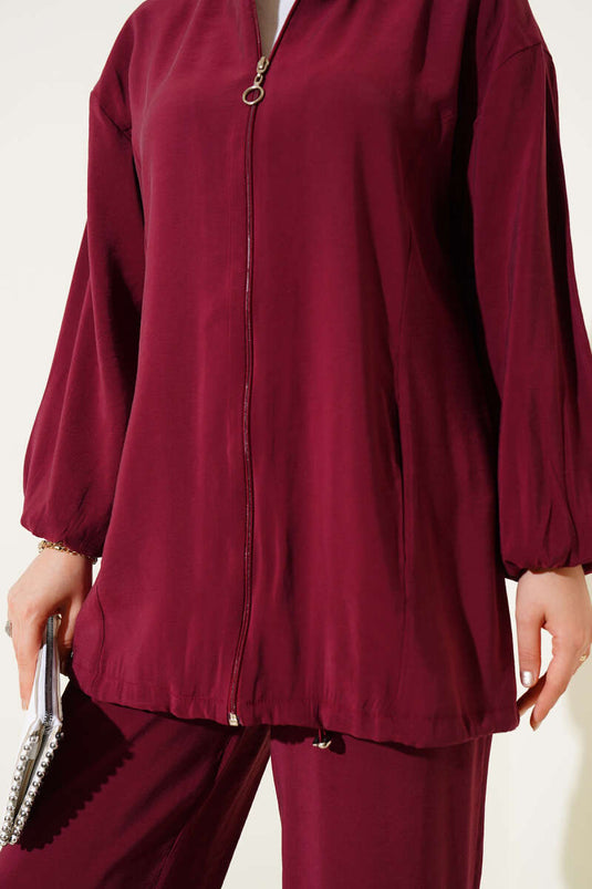 Zweiteiliger Anzug mit Seitentasche und Reißverschluss in Burgunderrot