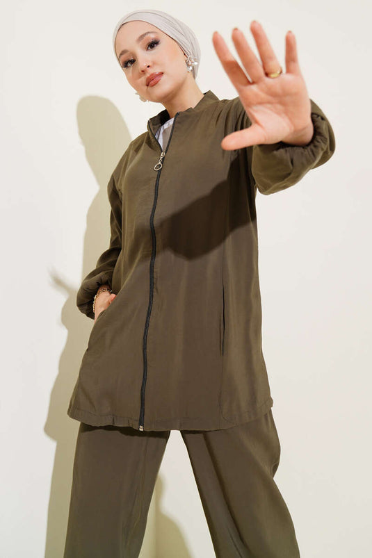 Zippered Side Pocket Two Piece Suit Khaki