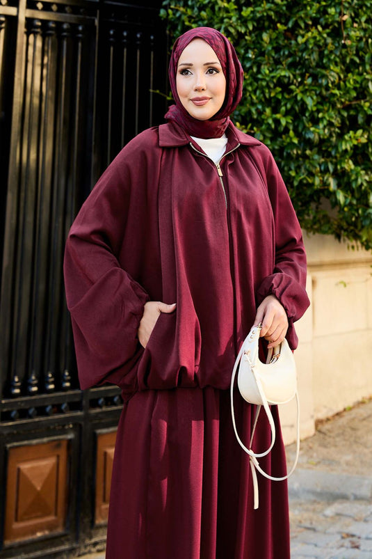 بدلة كاجوال من قطعتين بأكمام خفاش وسحاب، لون عنابي