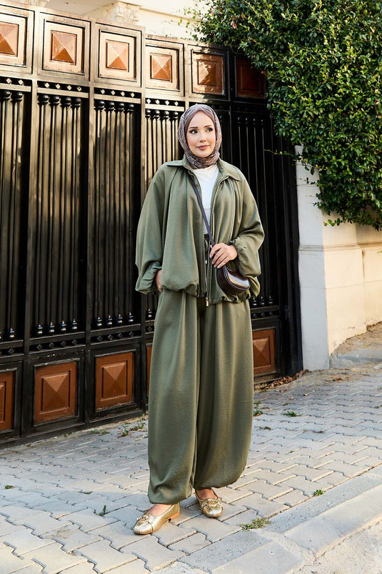 Zippered Batwing Sleeve Casual Two Piece Suit Khaki