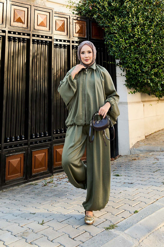 Zippered Batwing Sleeve Casual Two Piece Suit Khaki