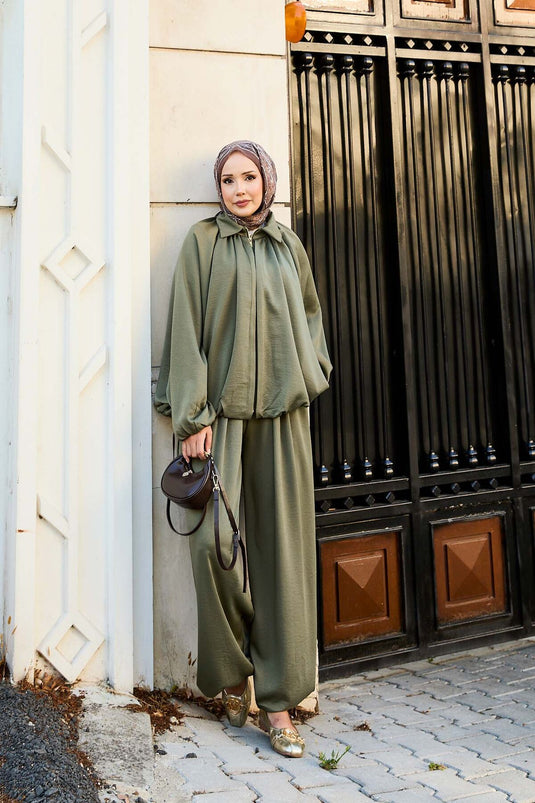 Zippered Batwing Sleeve Casual Two Piece Suit Khaki