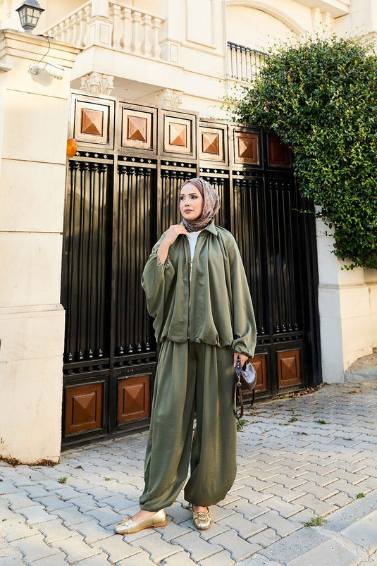 Zippered Batwing Sleeve Casual Two Piece Suit Khaki