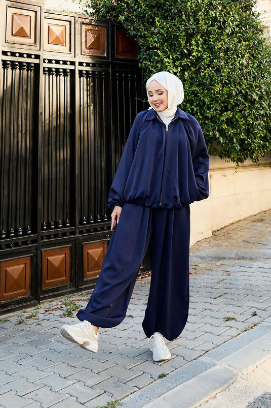 Zippered Batwing Sleeve Loose Two Piece Suit Navy Blue
