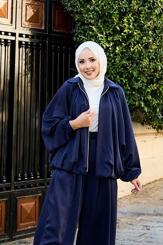 بدلة فضفاضة من قطعتين بأكمام خفاش وسحاب، أزرق داكن