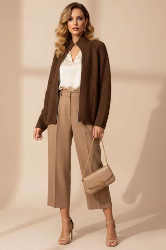 كارديجان محبوك بنصف رقبة وسحاب أمامي، بني