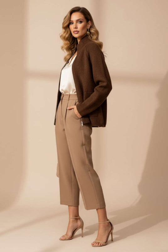 كارديجان محبوك بنصف رقبة وسحاب أمامي، بني