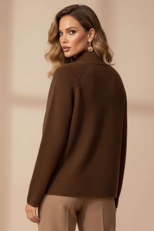 كارديجان محبوك بنصف رقبة وسحاب أمامي، بني