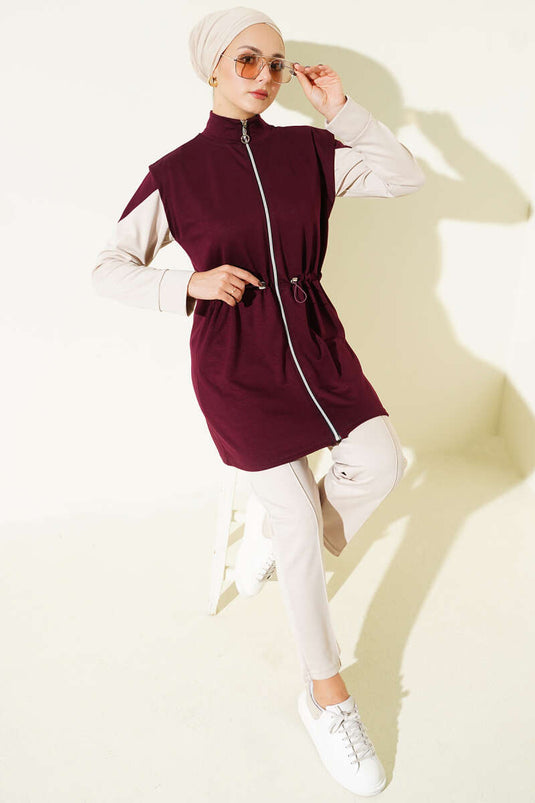 Ensemble trois pièces Loisha avec gilet zippé, bordeaux