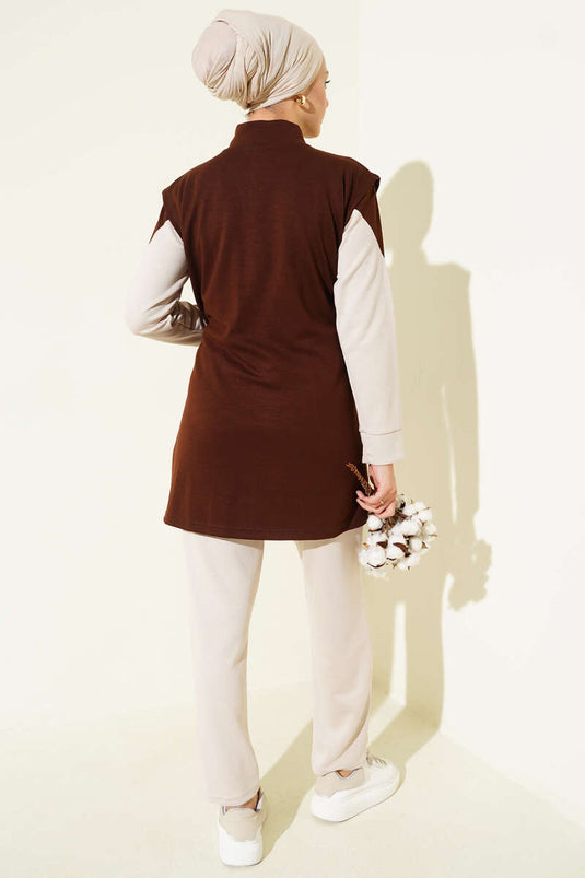 Ensemble trois pièces Loisha avec gilet zippé, couleur café