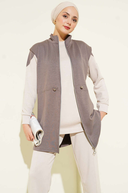 Ensemble trois pièces Loisha avec gilet zippé, couleur vison