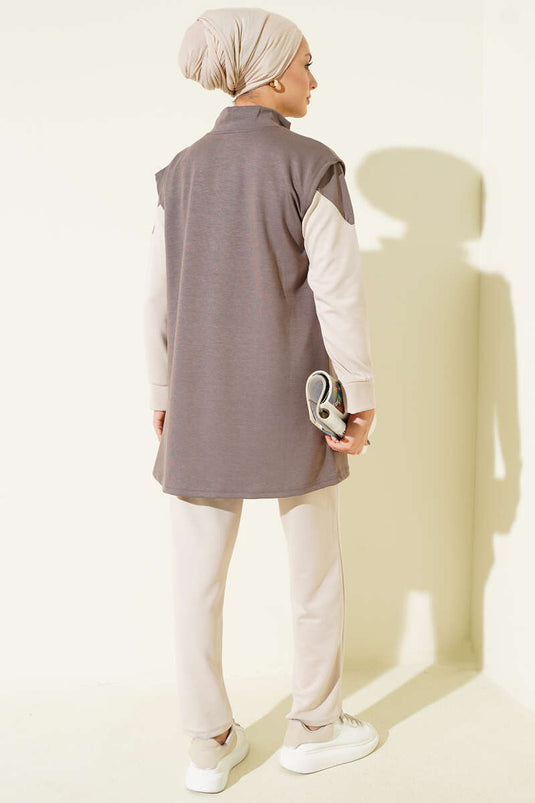 Ensemble trois pièces Loisha avec gilet zippé, couleur vison