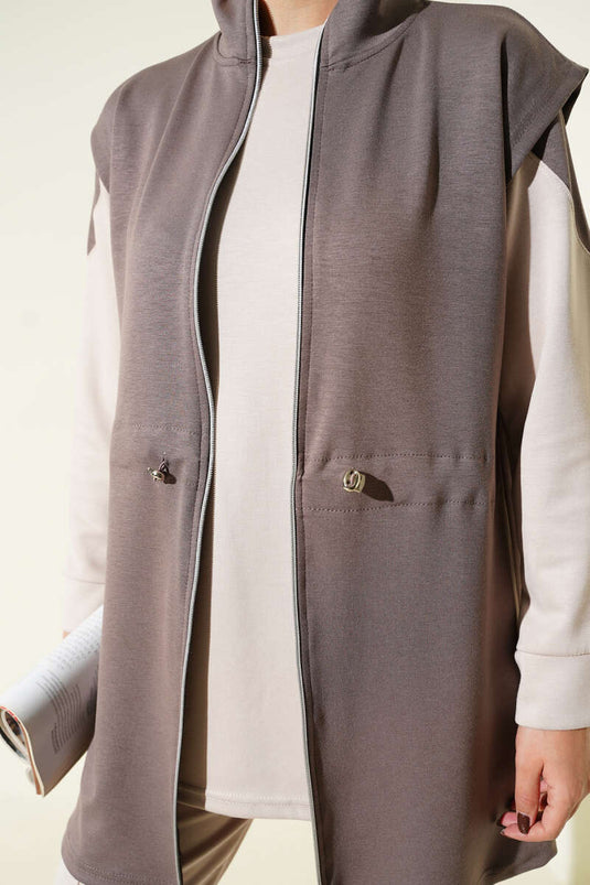 Fermuarlı Yelekli Loyşa Üçlü Takım Vizon