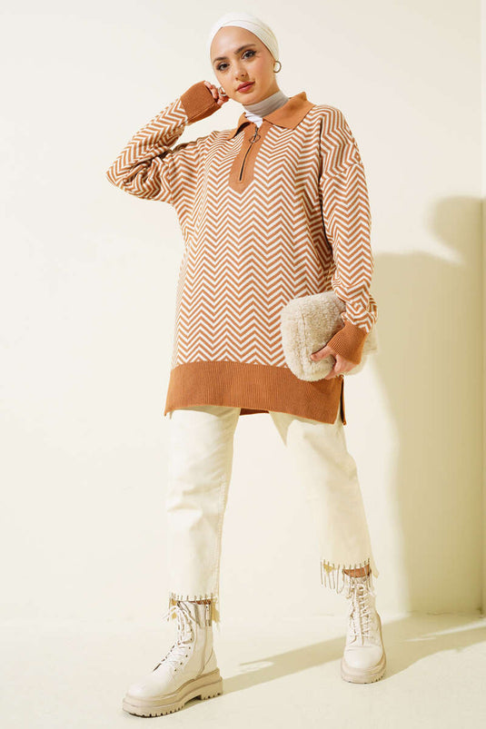 Fermuarlı Zikzak Desen Triko Tunik Latte