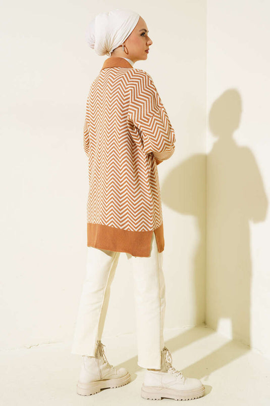 Fermuarlı Zikzak Desen Triko Tunik Latte