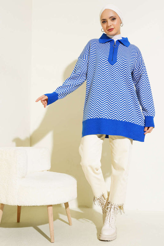 Fermuarlı Zikzak Desen Triko Tunik Saks