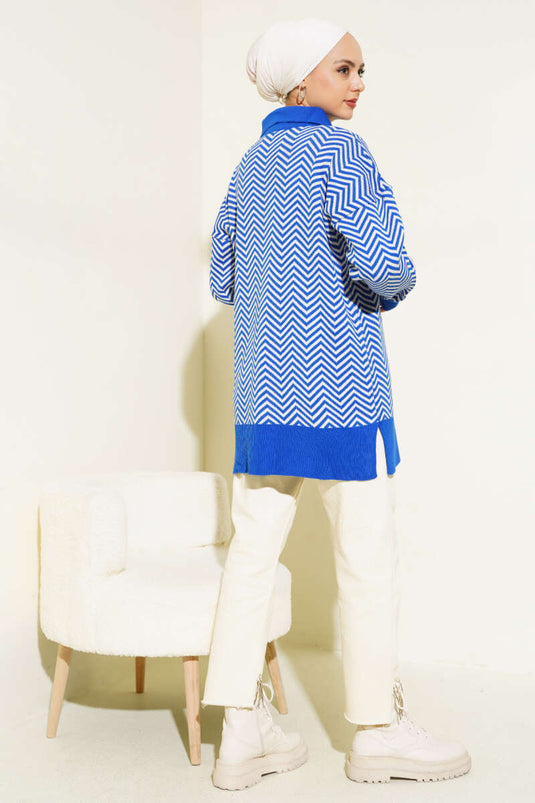 Fermuarlı Zikzak Desen Triko Tunik Saks