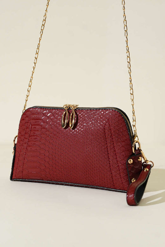 Burgundy Crocodile Zippered Chain Strap Bag