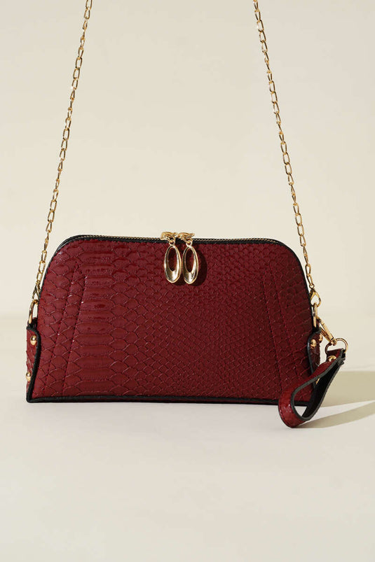 Burgundy Crocodile Zippered Chain Strap Bag