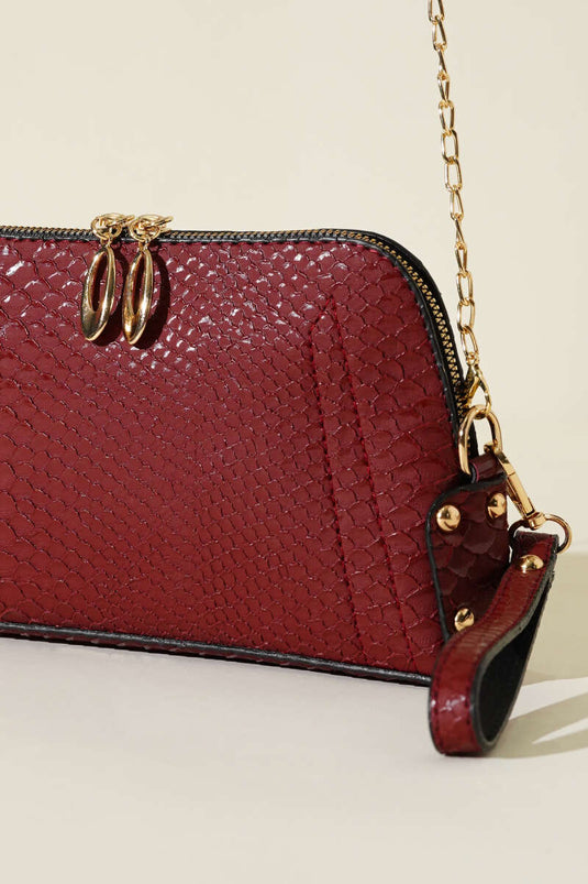 Burgundy Crocodile Zippered Chain Strap Bag