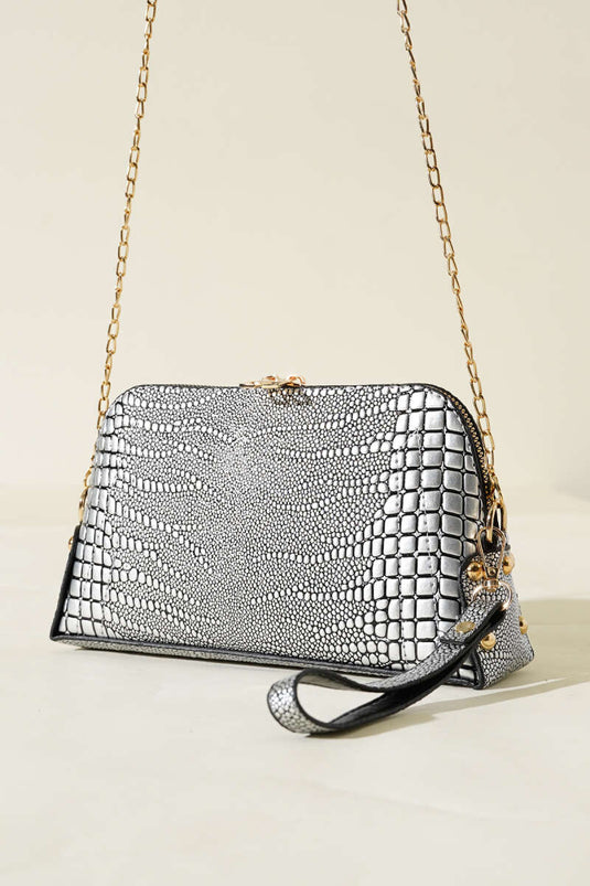 Zippered Chain Shoulder Bag Gray