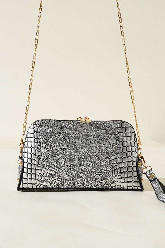 Zippered Chain Shoulder Bag Gray