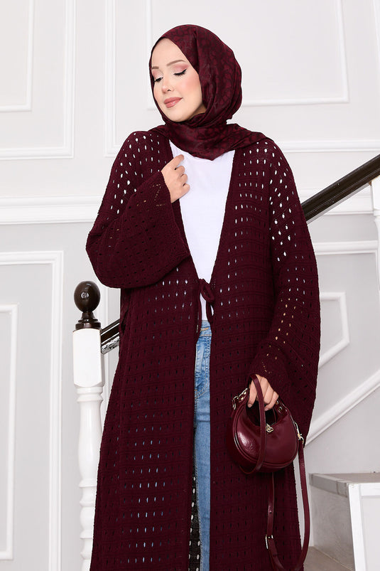 Cardigan en maille avec détails en maille et lien sur le devant Bordeaux