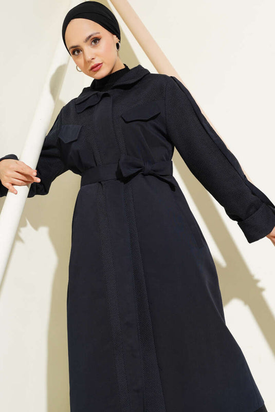 File Garnished Belted Trench Coat Navy Blue