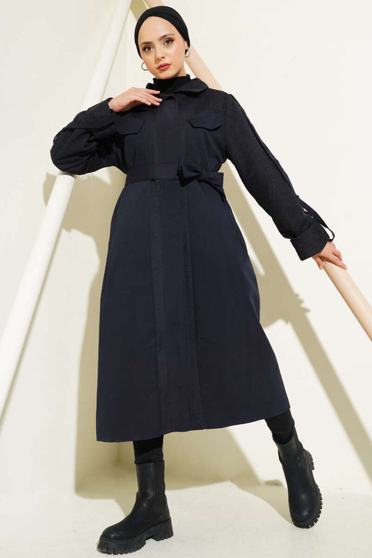 File Garnished Belted Trench Coat Navy Blue