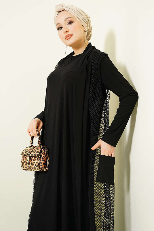 Fileli Detaylı Abaya Siyah