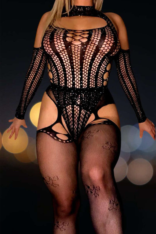 جوارب الجسم المزخرفة بمظهر الرباط الشبكي باللون الأسود