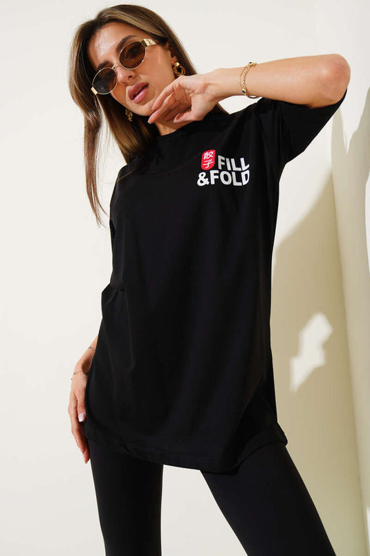 T-shirt noir imprimé à plis plats