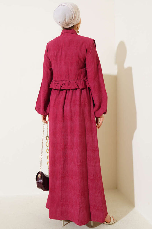 فستان بوليرون بكشكشة وربطة عنق حبلية، لون عنابي