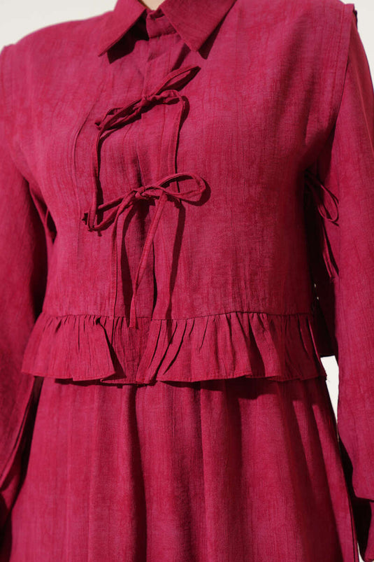 فستان بوليرون بكشكشة وربطة عنق حبلية، لون عنابي