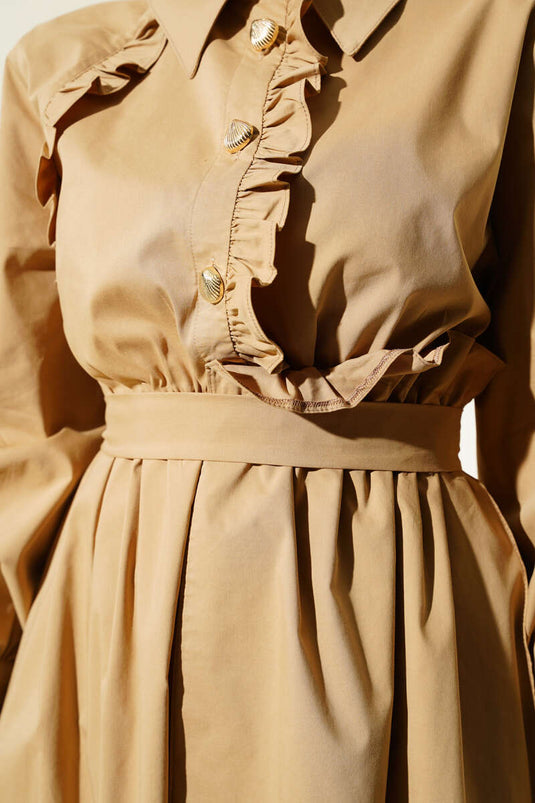 Ruffled Detail Waist Elastic Buttoned Dress Beige