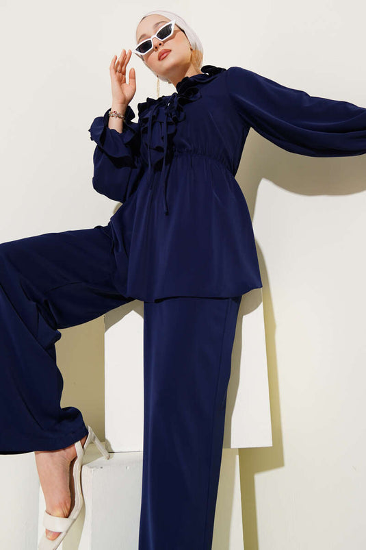 Fırfır Detaylı Bel Lastikli İkili Takım Lacivert